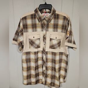 Red Ape Shirt Men's XL Brown Plaid Short Sleeve Hip Hop Streetwear Button Up